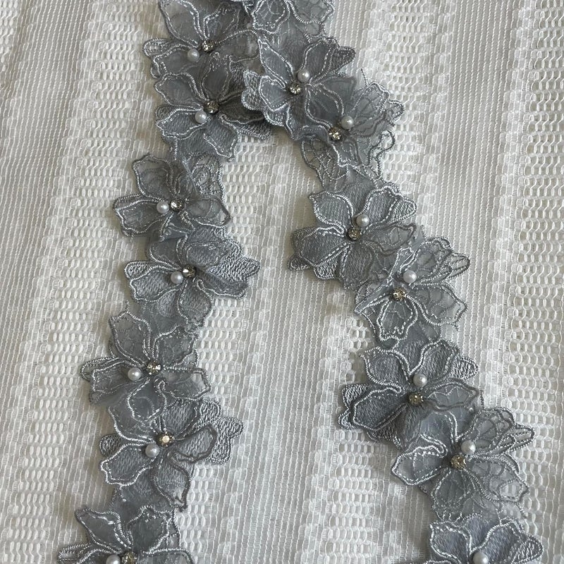 Buysk 2 Yards 3D Pearl Beads Flower Lace Trim Ribbon Floral Applique Embroidered Lace Fabric for Sewing DIY Crafts (Grey) - Image 5